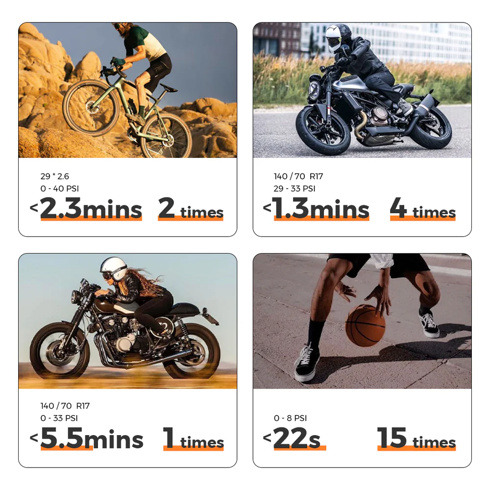 Egy hegyikerékpáros sziklákon közlekedik. Motoros egy fekete motoron. Nő fekete motoron. Egy személy kosárlabdát pattogtat.