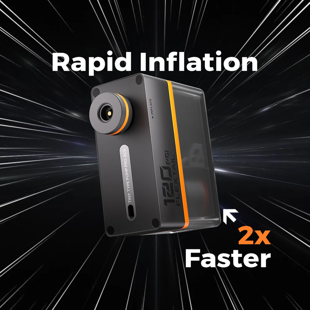Fekete szivattyú narancssárga díszítéssel, a szöveg 'Rapid Inflation' és 'Faster'. Fekete háttér fehér sebességvonalakkal.