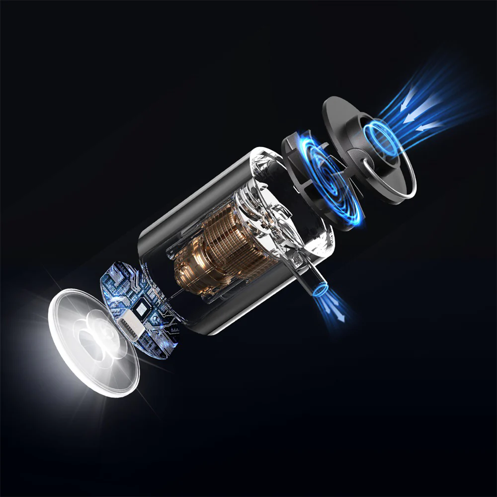 Egy robbantott ábra egy eszközről, amely a belső alkatrészeket mutatja. Látható egy motor, egy ventilátor és egy áramköri kártya, kék légáramlási vonalakkal.