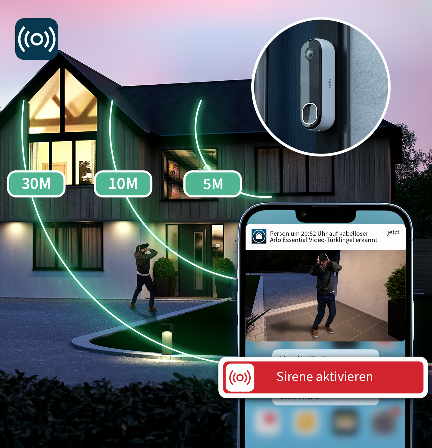 Ein Haus mit kabellosem Türklingelsystem, das eine Person anzeigt. Telefon zeigt Benachrichtigung und Aktivierungsschaltfläche.
