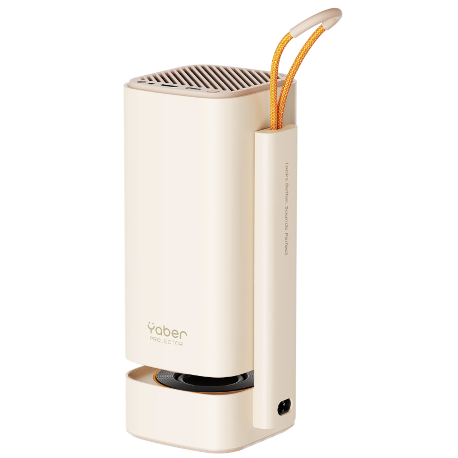 Cremefarbener Yaber-Projektor. Er hat einen Griff mit orangefarbenem Seil. Der Text lautet: "Looks Better. Sounds Perfect".