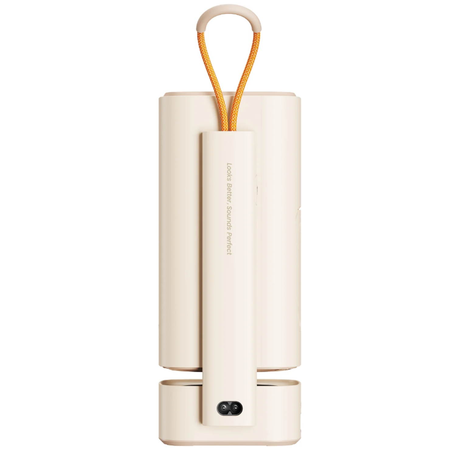 Beige Lautsprecher mit orangefarbenem Kordelgriff. Er hat Text, der besagt: "Looks Better, Sounds Perfect."