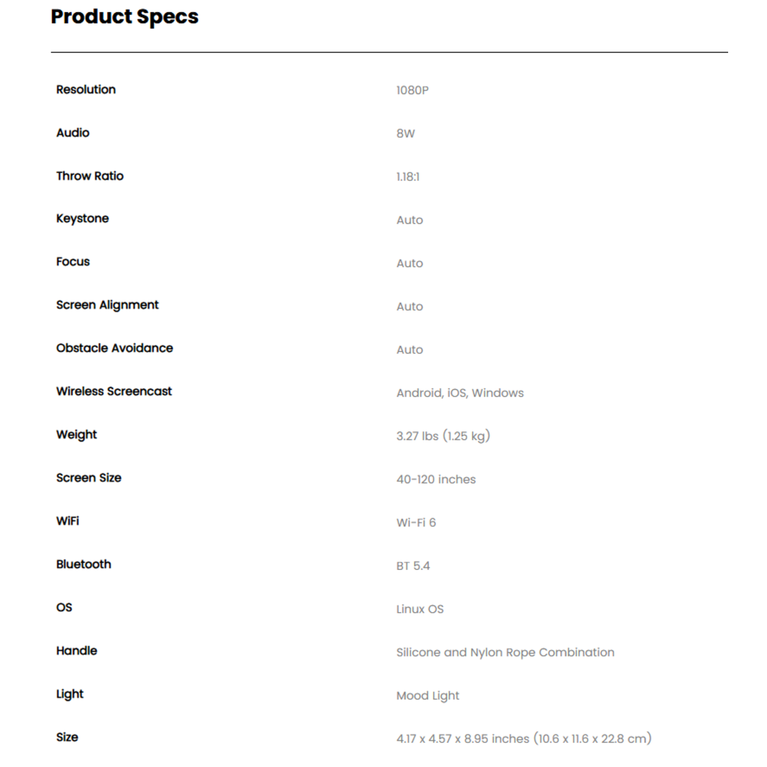 Produktspezifikationen-Tabelle mit Auflösung, Audio, Wurfverhältnis, Trapezkorrektur, Fokus, Bildausrichtung und andere Funktionen.