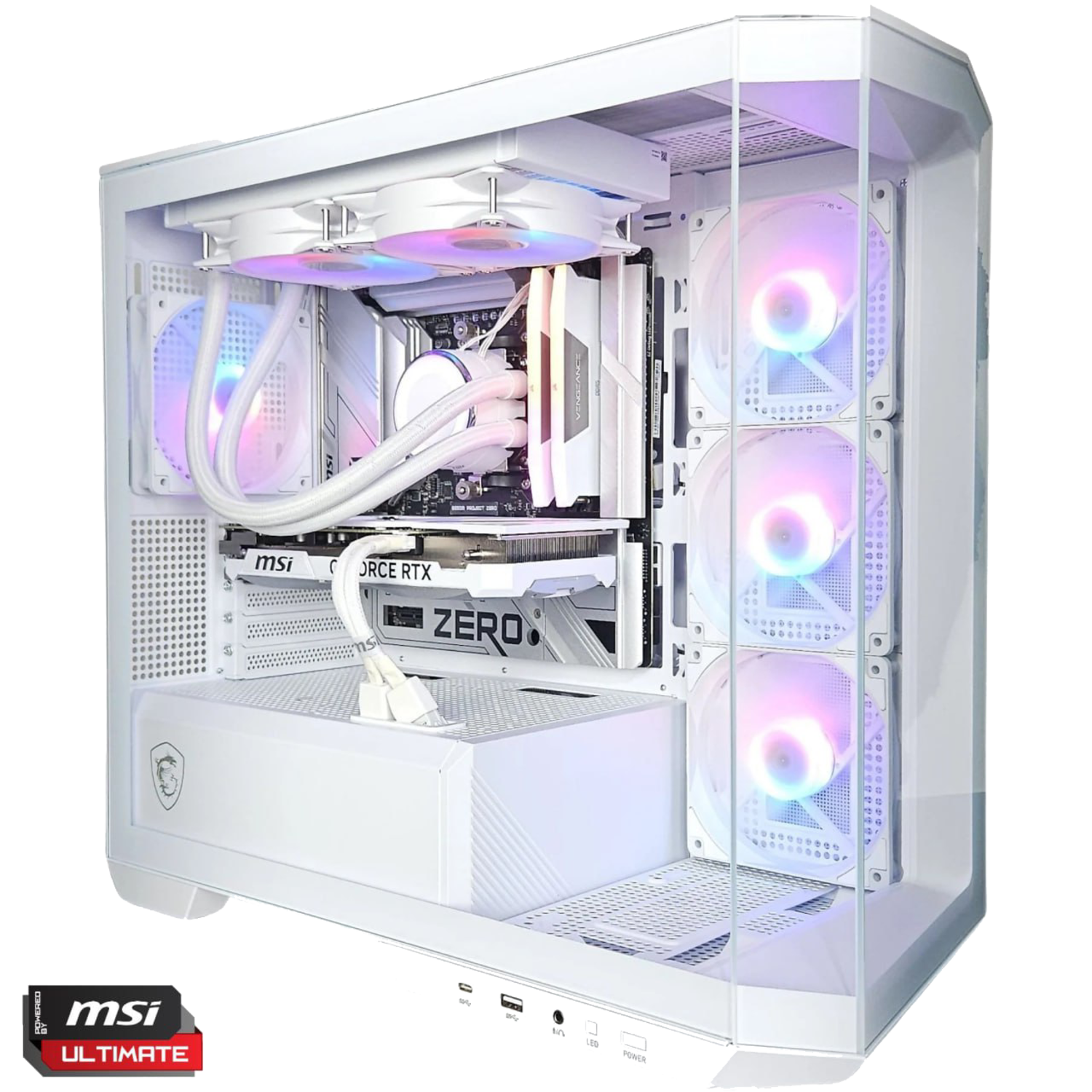 Een witte computerkast met interne componenten, ventilatoren met kleurrijke lichten en een grafische kaart. MSI-logo linksonder.