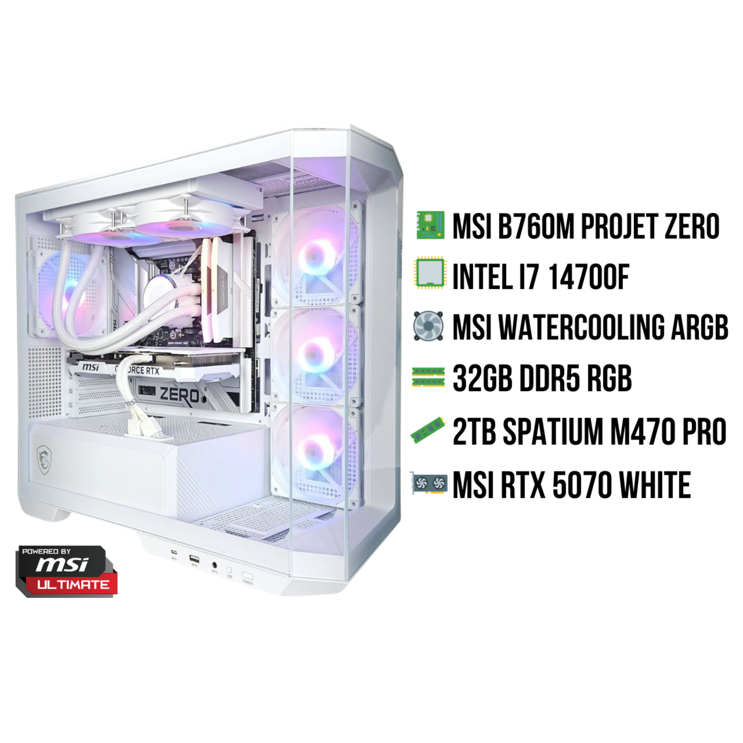 Witte computerkast met componenten: MSI B760M, Intel i7, MSI waterkoeling, 32GB DDR5, 2TB Spatium, MSI RTX 5070.