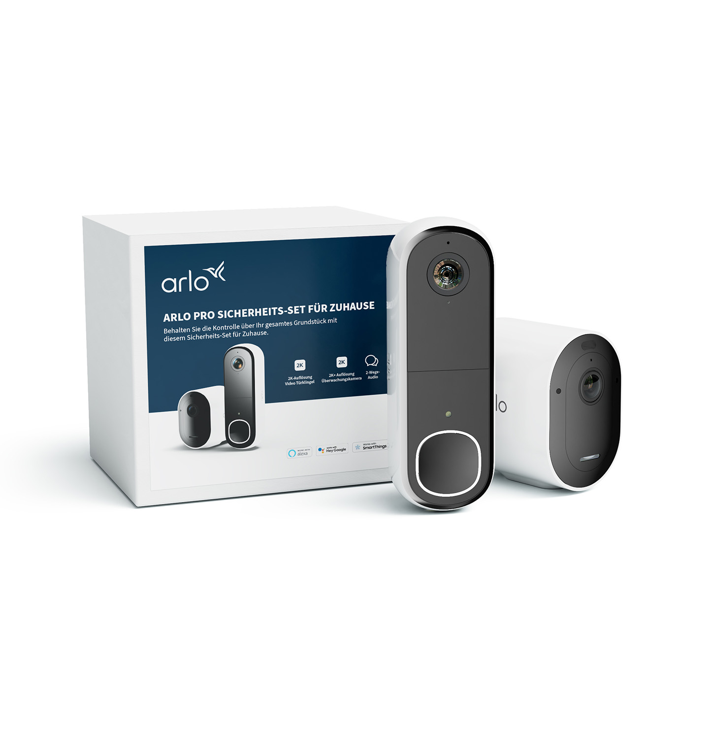 Eine weiße Box mit Sicherheitskameras und einer Türklingel. Auf der Box steht 'ARLO PRO SICHERHEITS-SET FÜR ZUHAUSE'.