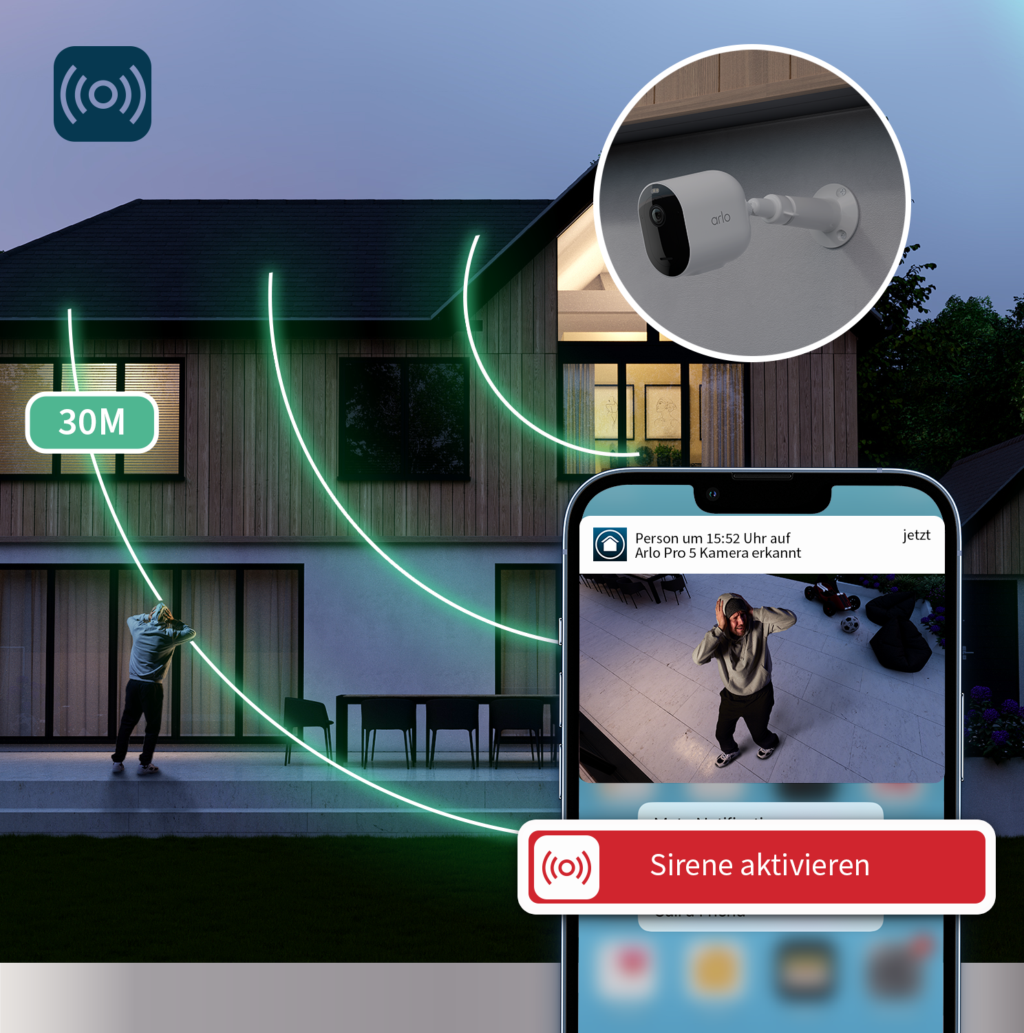 Ein Haus mit Überwachungskamera und Telefon mit Person. Das Telefon hat eine Sirenenaktivierungstaste.