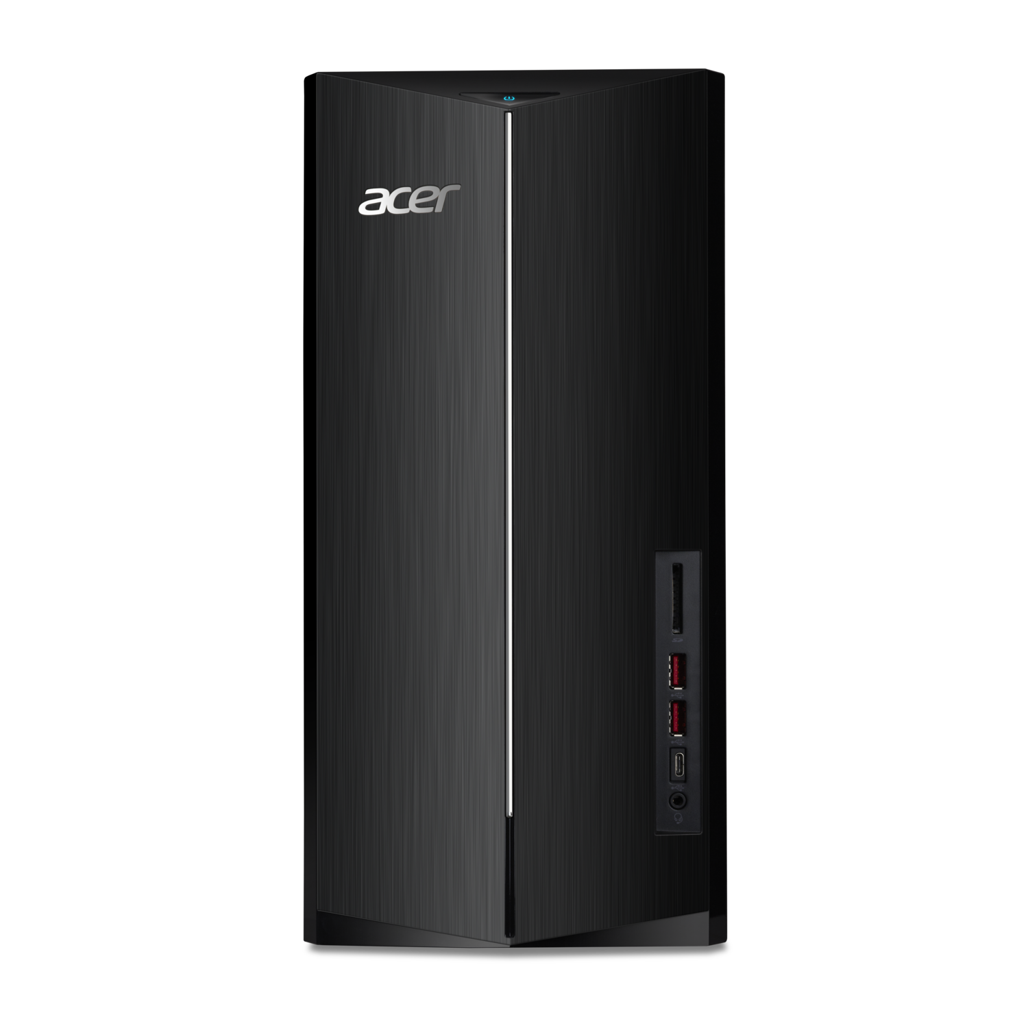 Black Acer desktop computer. Silver Acer logo at the top. Ports on the right side. Power button at the top.