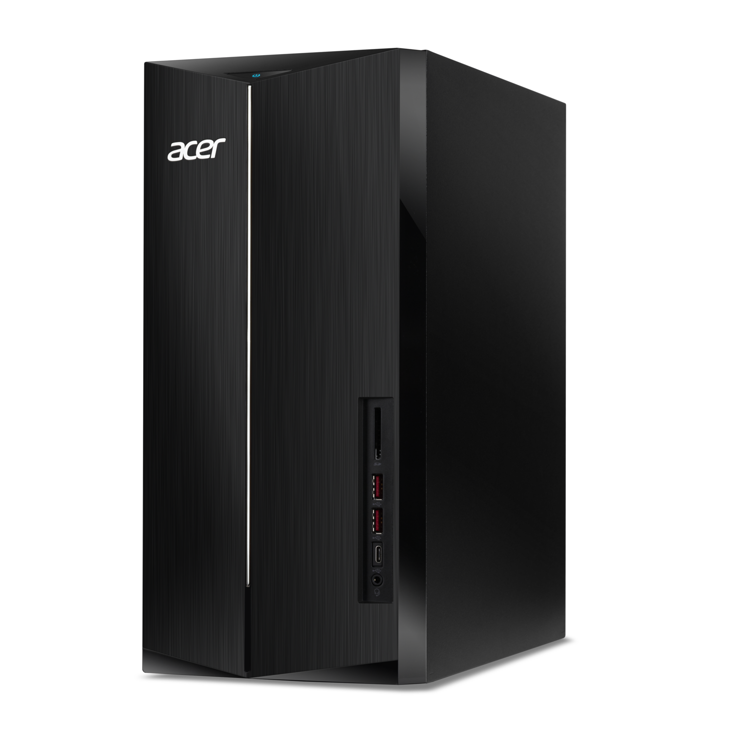 A black Acer desktop computer stands against a black background. It has a vertical design with ports on the side.