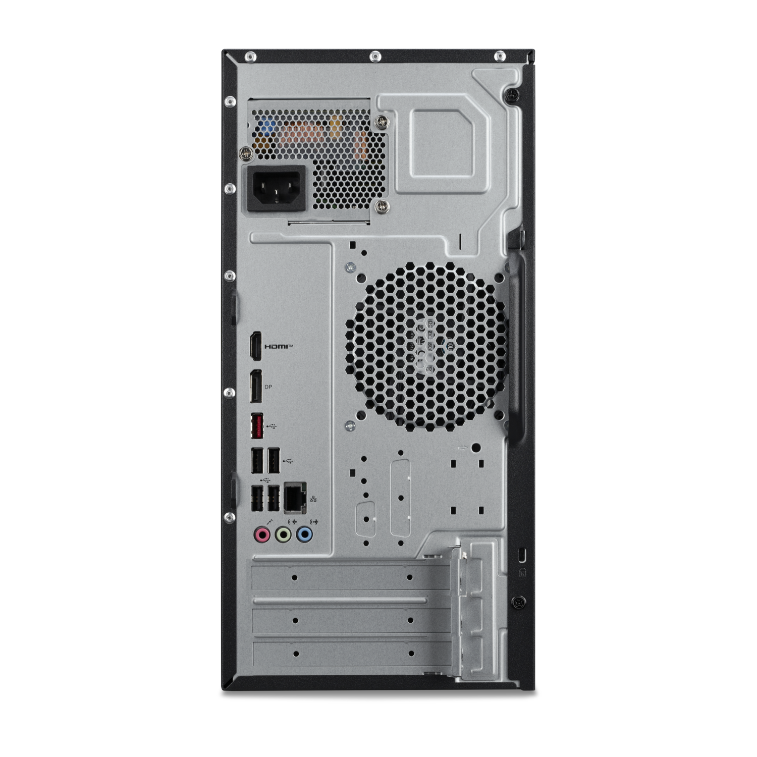 Rear view of a computer case. It has various ports, a power supply, and a large fan. The background is black.