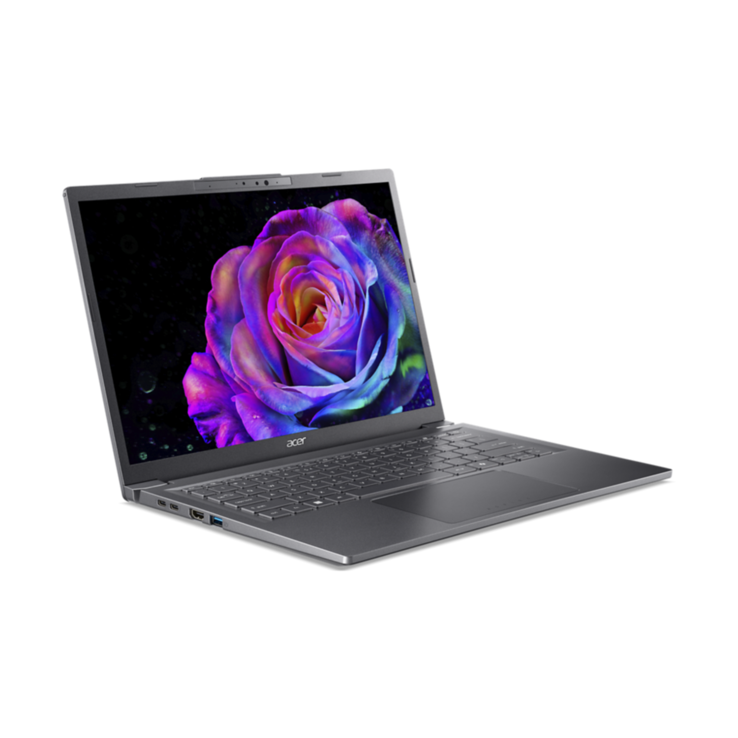 A silver Acer laptop displays a colorful rose on its screen. The background is black, highlighting the laptop.