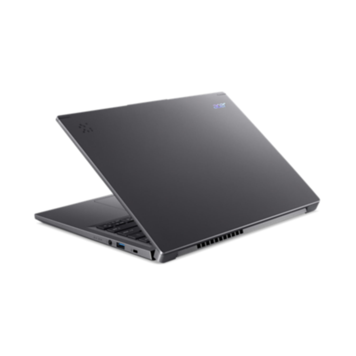 A dark gray Acer laptop, slightly open. The Acer logo is visible. The keyboard is visible, and the background is black.
