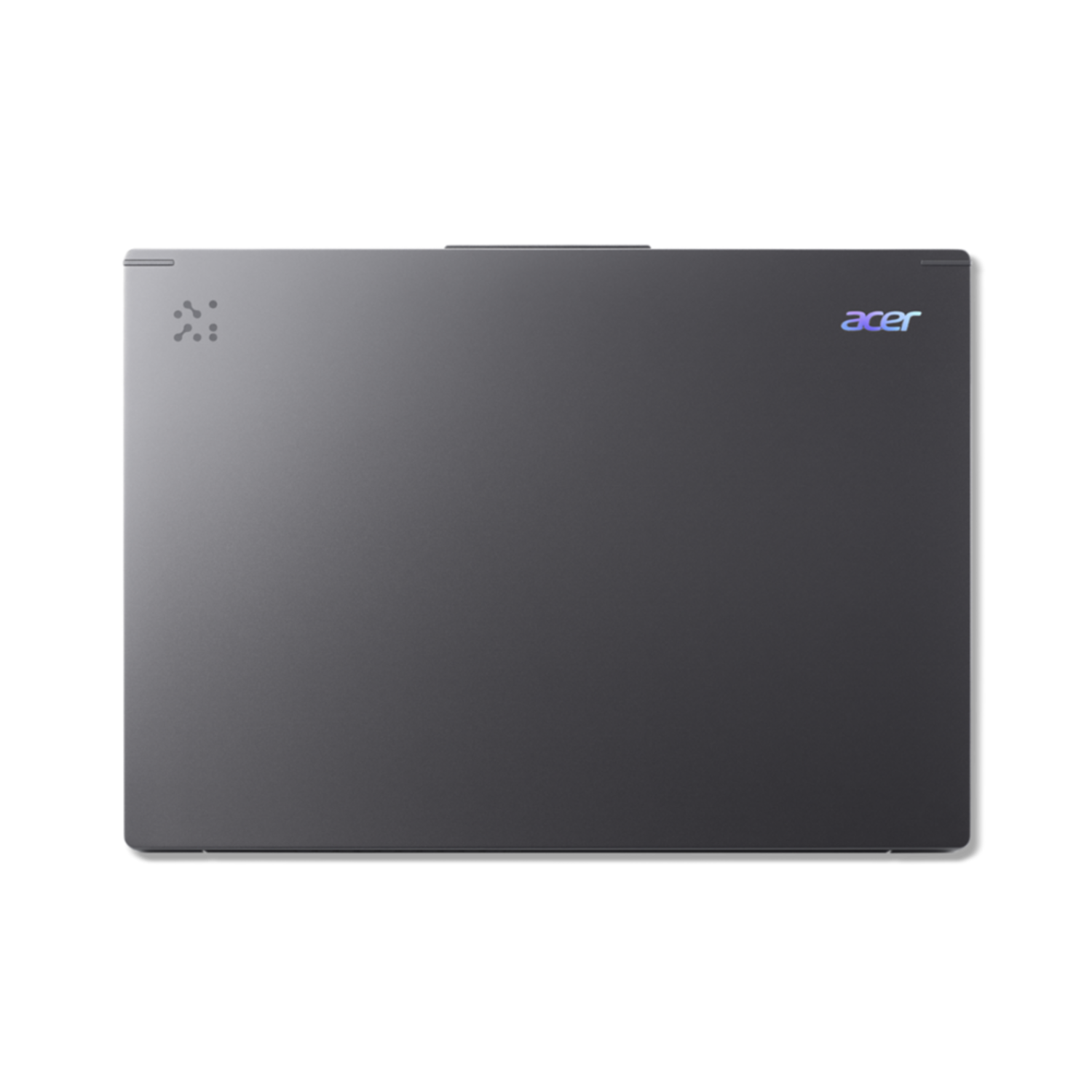 A dark gray Acer laptop on a black background. The Acer logo is visible on the right side. There is a design on the left.