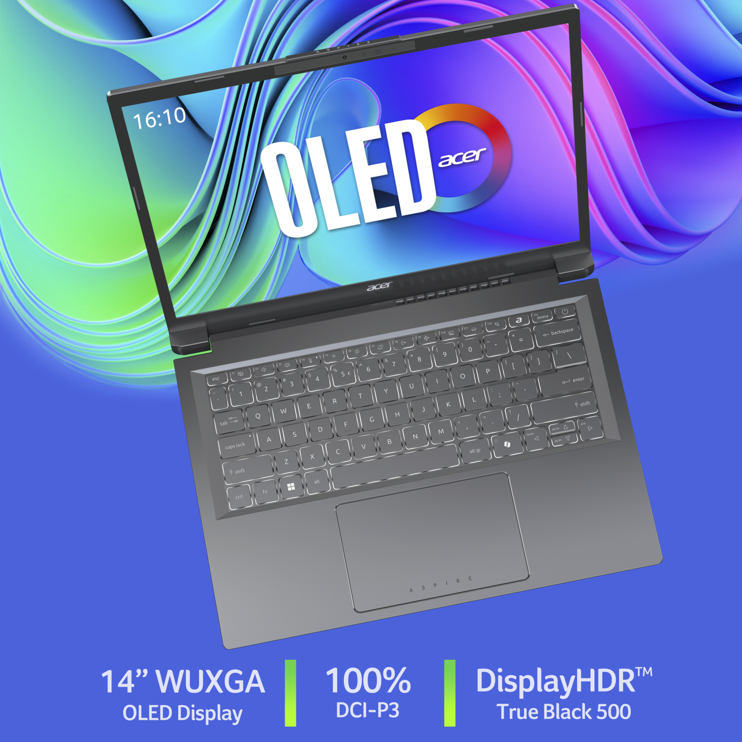 A gray Acer laptop is open, displaying the OLED logo. The keyboard is visible. Text at the bottom highlights display features.