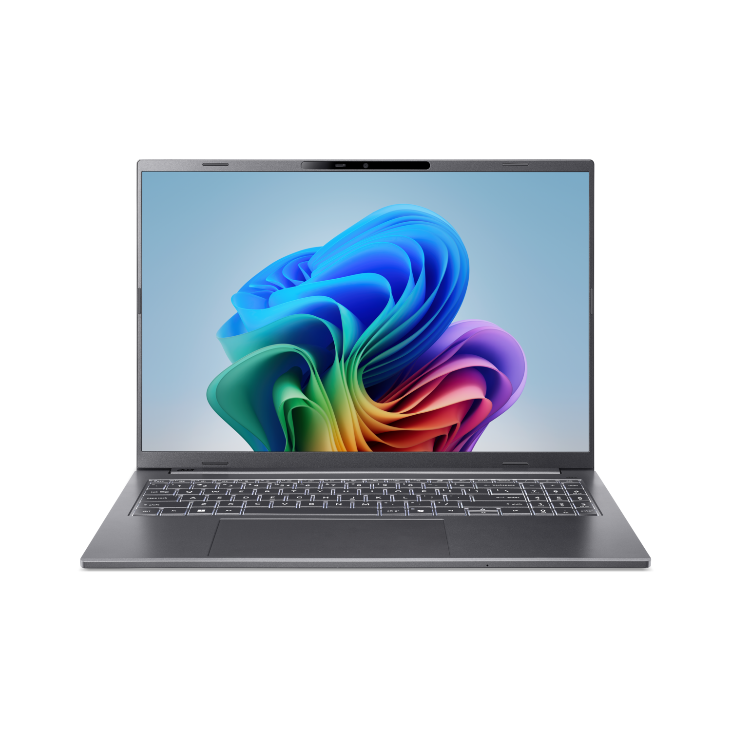 Een laptop met een kleurrijk abstract behang op het scherm. De laptop staat op een zwarte achtergrond.