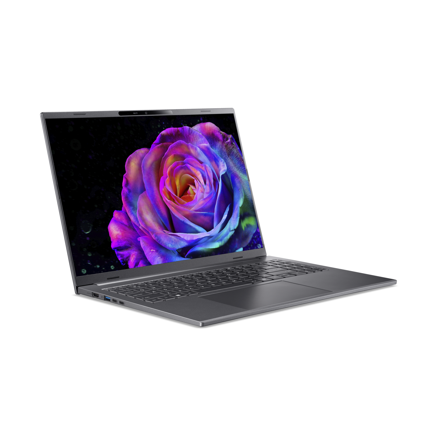 Een laptop toont een levendige roos op het scherm. De laptop is grijs, tegen een zwarte achtergrond, wat het ontwerp laat zien.