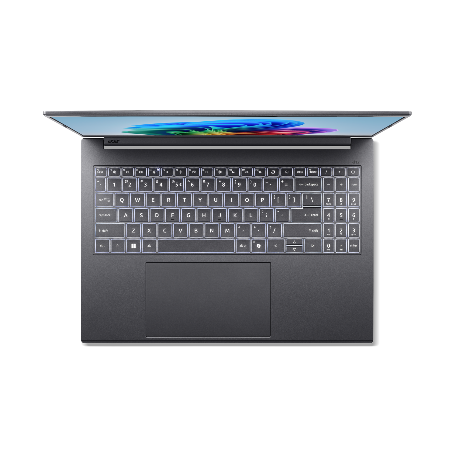 Bovenaanzicht van een open Acer laptop op een zwart oppervlak. Het scherm toont kleurrijke abstracte kunst.