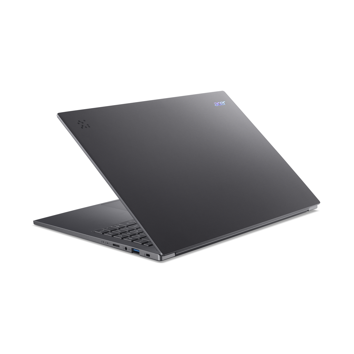 Een donkergrijze Acer-laptop is iets geopend. Het toetsenbord en scherm zijn zichtbaar. De achtergrond is zwart.