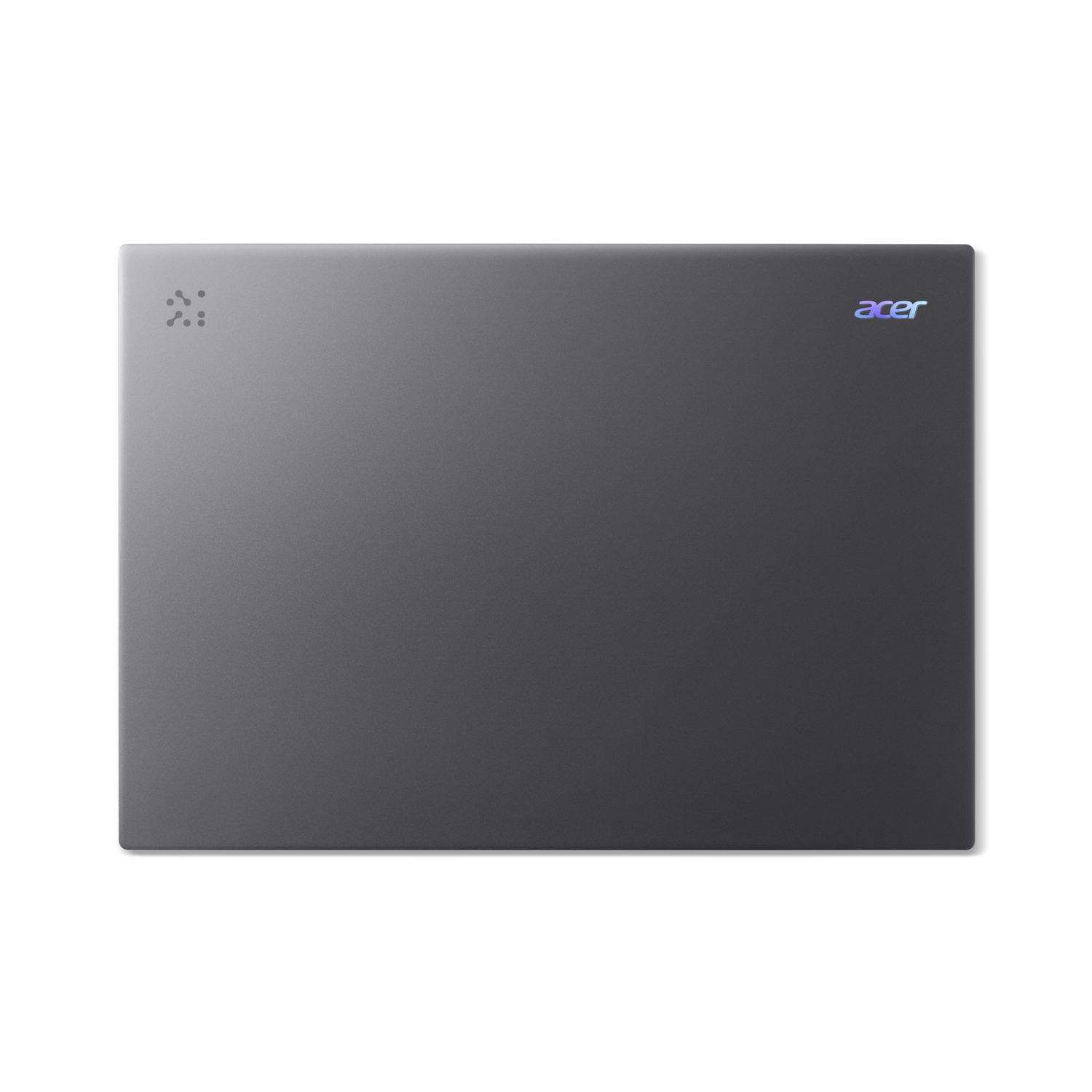 Donkergrijze Acer-laptop op een zwarte achtergrond. Het Acer-logo is zichtbaar, evenals een patroon van stippen.