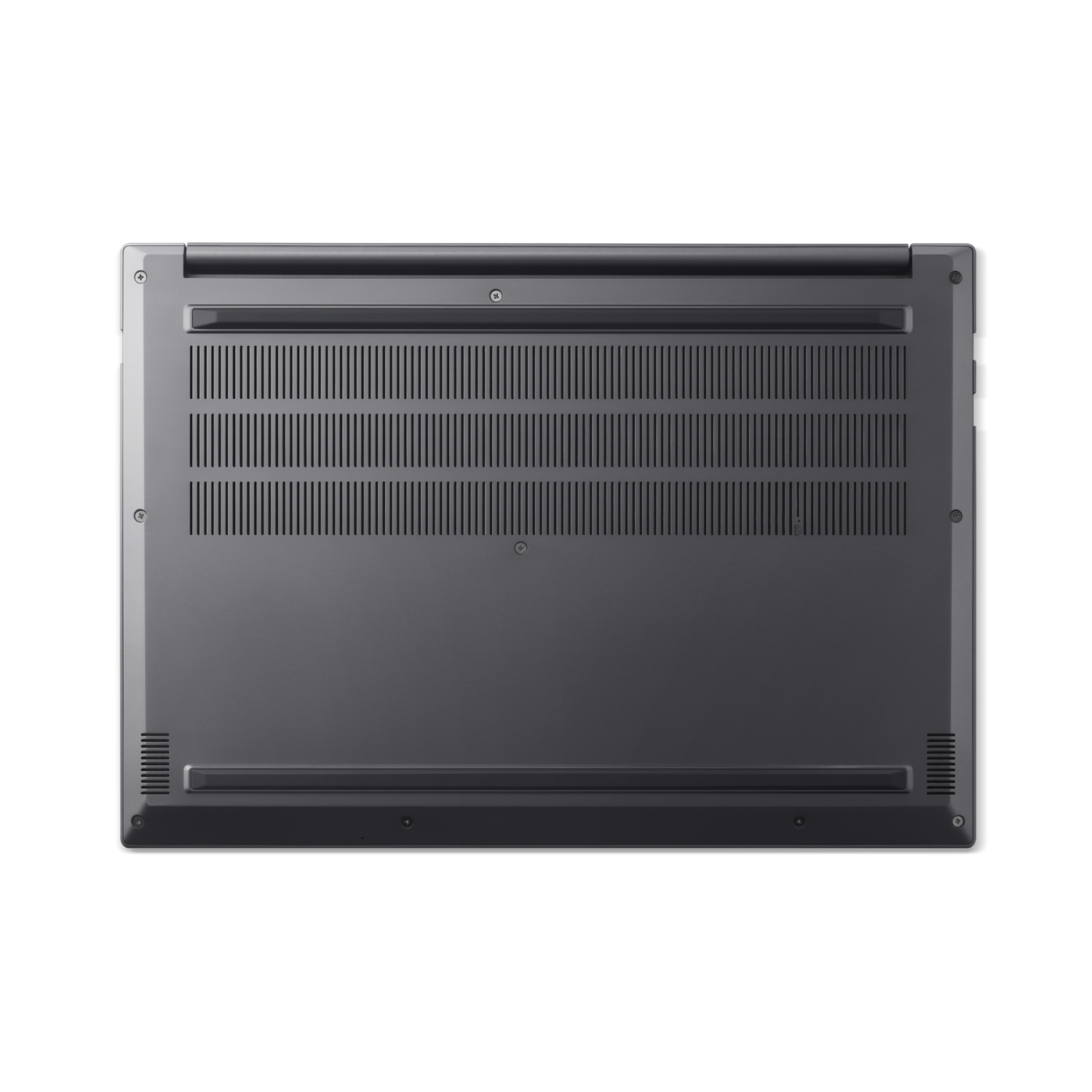 Laptop's bottom view. Gray color, with vents and screws. Background is solid black.