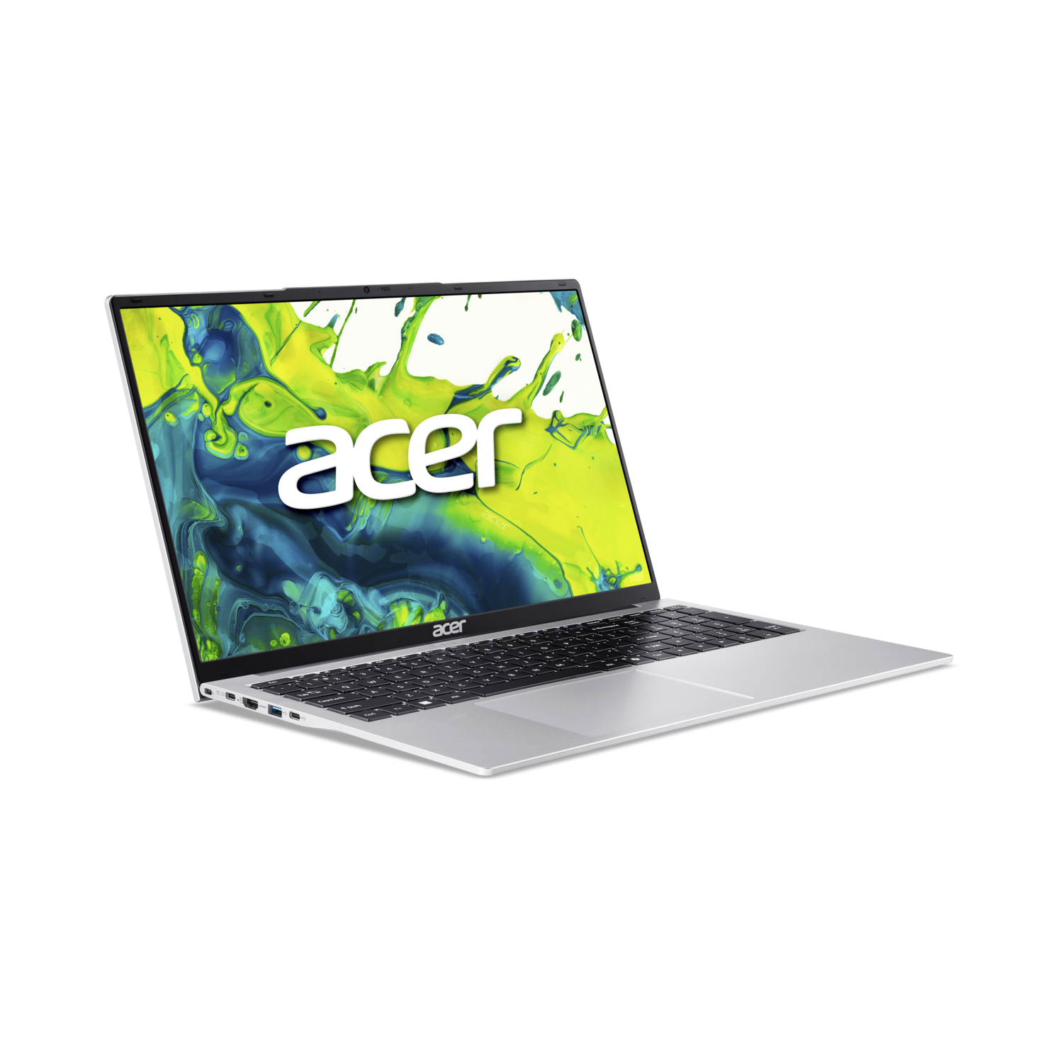 A silver Acer laptop is open on a black background. The screen displays the Acer logo and an abstract design.