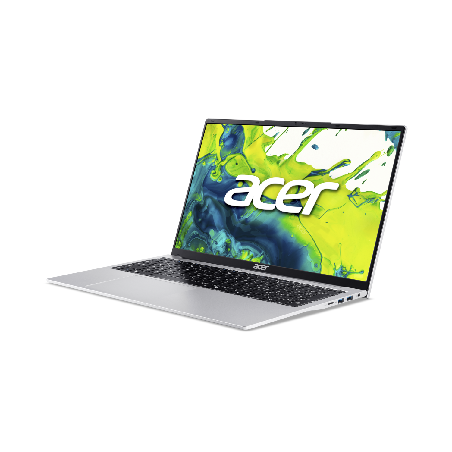 Silver Acer laptop on black background. Screen shows colorful abstract design. Keyboard is visible.