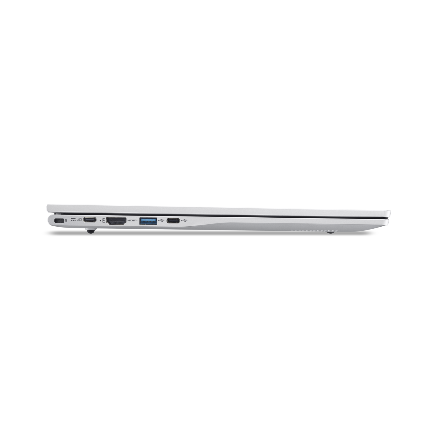 A silver laptop is shown in profile against a black background. Visible ports include USB, HDMI, and others. The laptop is closed.