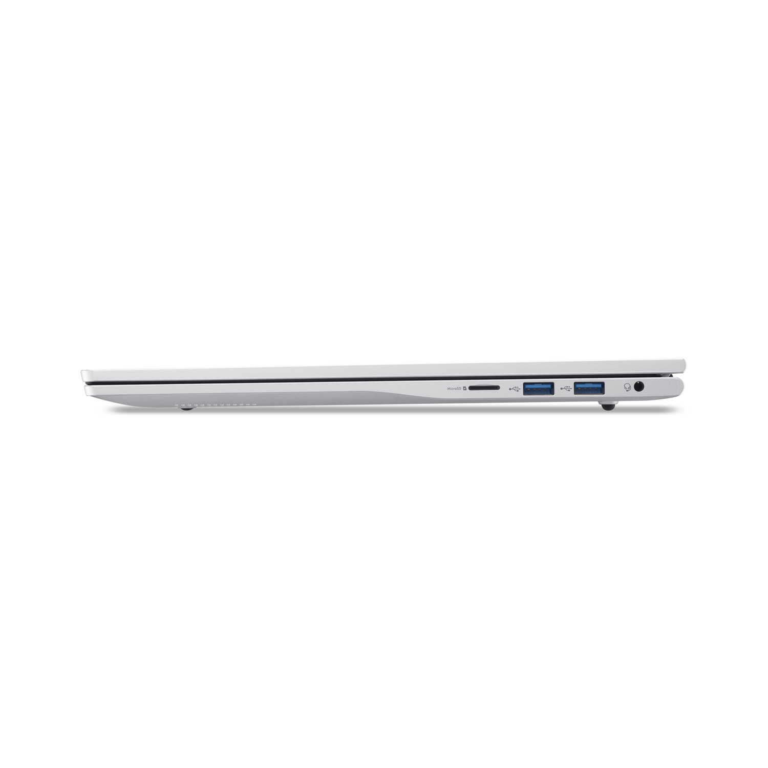 A silver laptop is shown from the side. It is closed and has several ports visible, including USB and a headphone jack. The background is black.