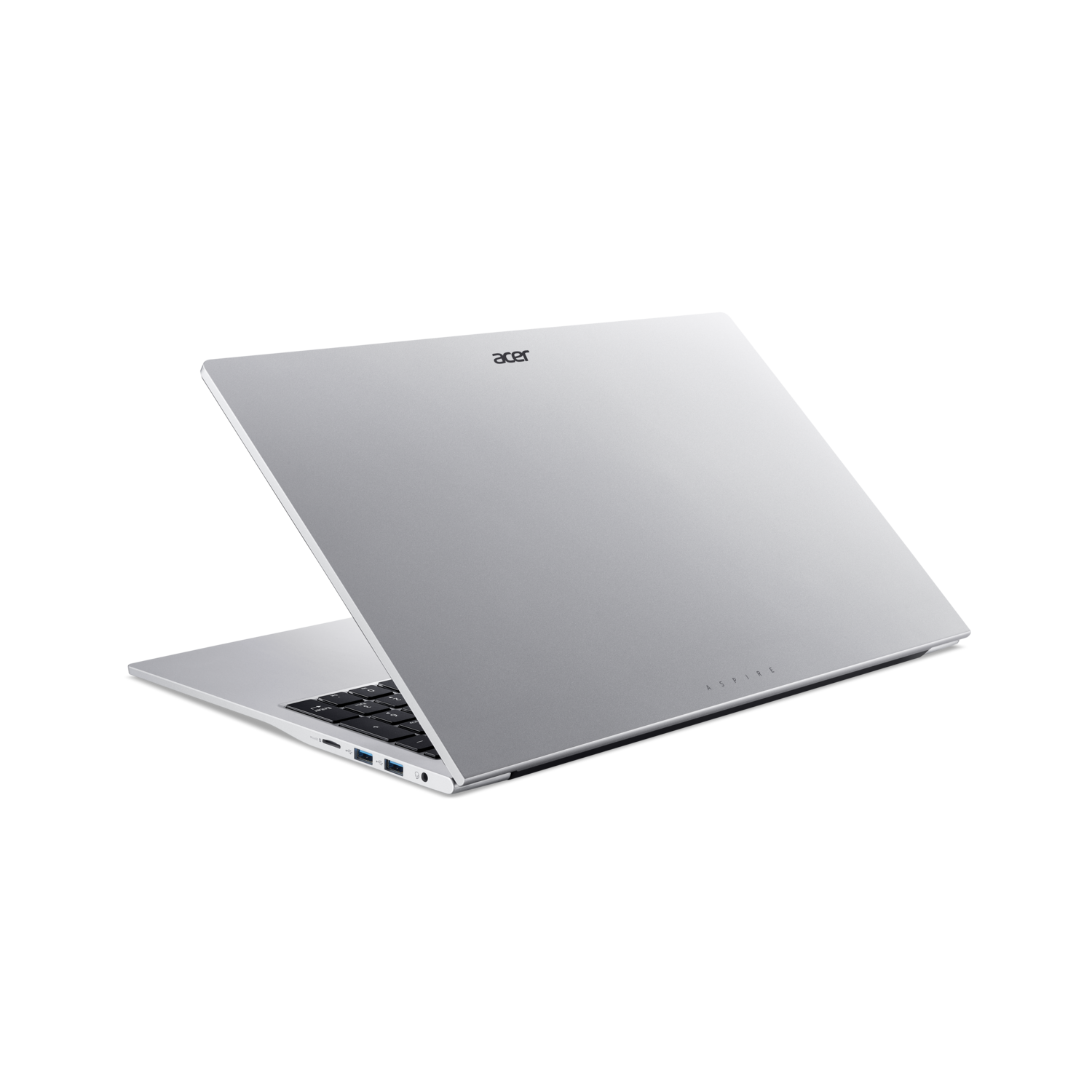 Silver Acer Aspire laptop, partially open. Black keyboard, USB ports, and Acer logo are visible against a black background.