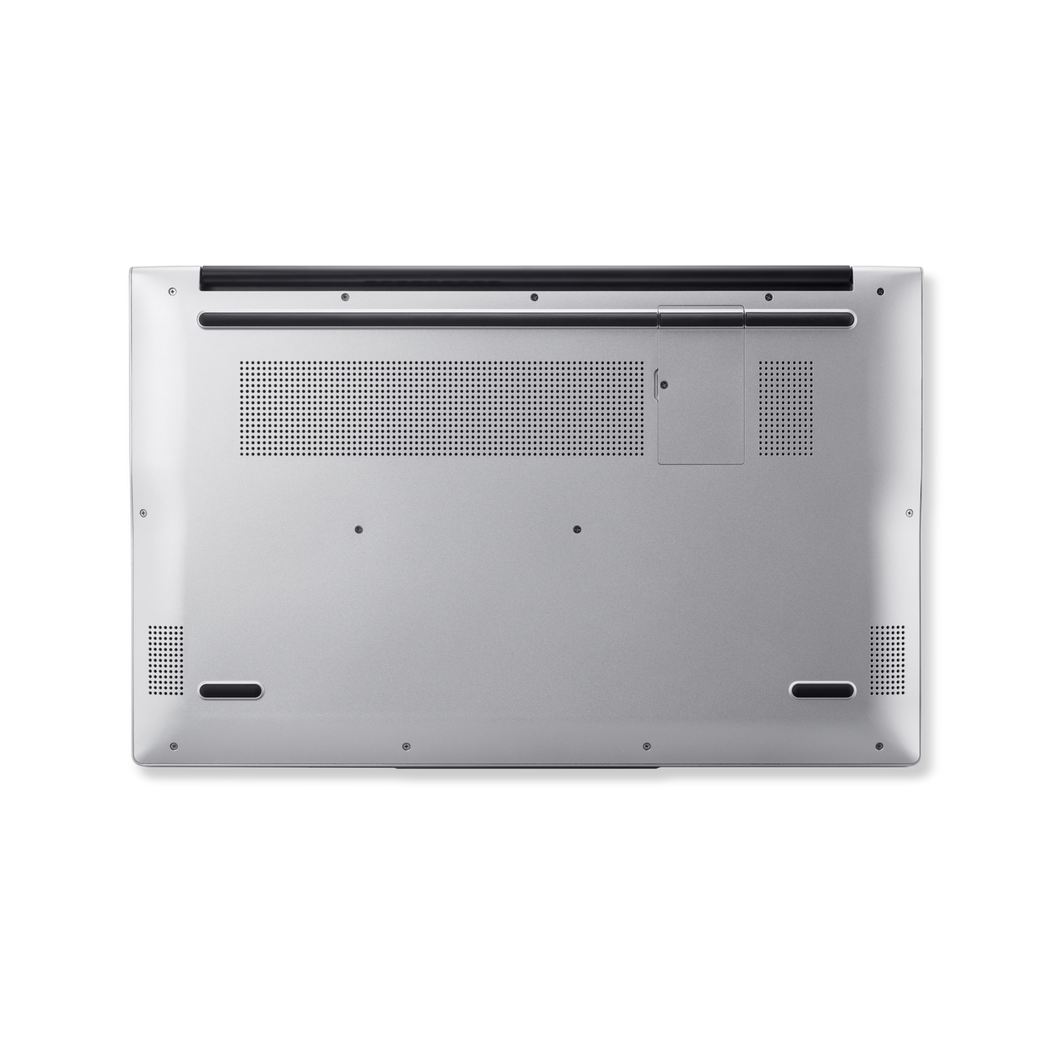 Bottom view of a silver laptop on a black background. It has ventilation holes and a small access panel.