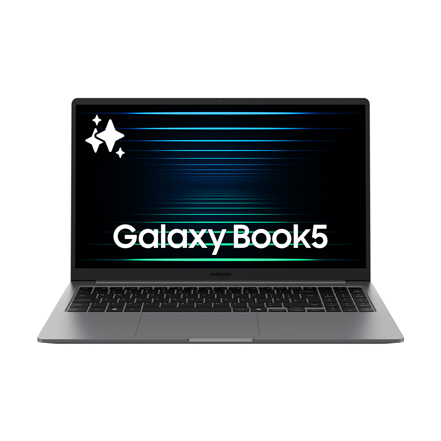 Un portátil plateado Galaxy Book5 está abierto. La pantalla muestra un logotipo y las palabras "Galaxy Book5" sobre un fondo negro.