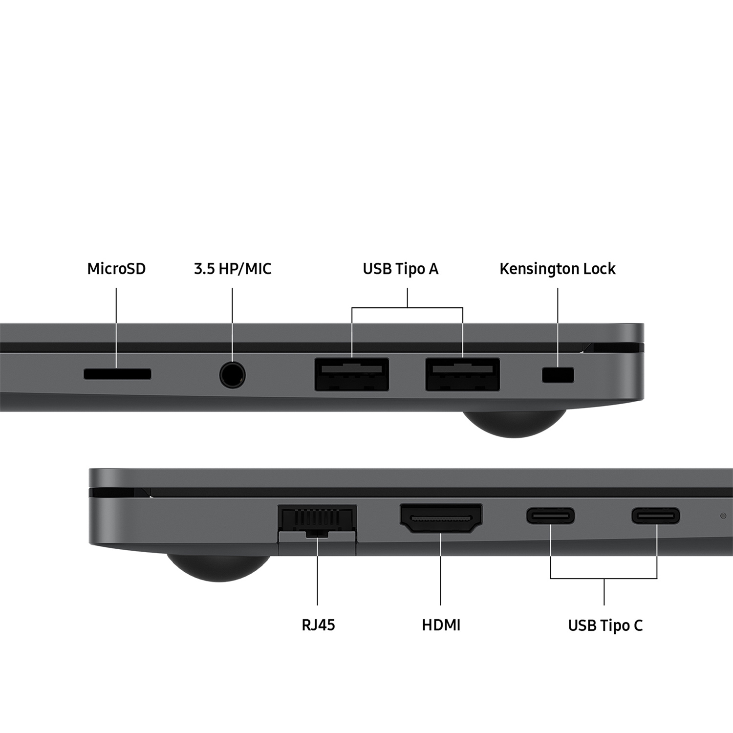 Puertos del portátil: MicroSD, conector de audio, USB-A, Kensington Lock arriba. RJ45, HDMI y USB-C abajo.