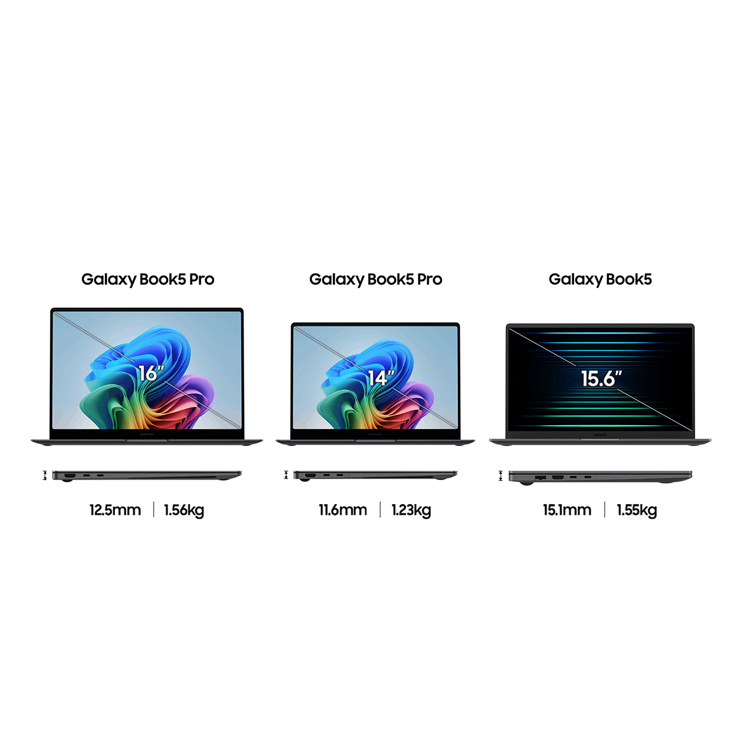 Se muestran tres portátiles: Galaxy Book5 Pro (16", 12.5mm, 1.56kg), Galaxy Book5 Pro (14", 11.6mm, 1.23kg), Galaxy Book5 (15.6", 15.1mm, 1.55kg).