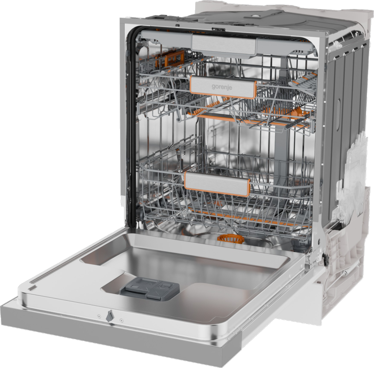 Eine geöffnete Spülmaschine mit Gestellen und einem metallischen Innenraum. Die Tür ist offen und zeigt das Innere. Orangefarbene Akzente sind sichtbar.