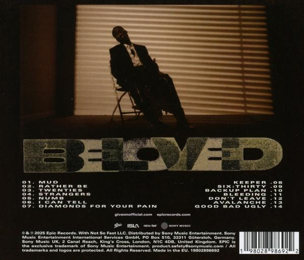 Albumcover. Ein Mann sitzt auf einem Stuhl. Das Wort BELOVED steht in großen, strukturierten Buchstaben. Songtitel und Credits sind aufgelistet.