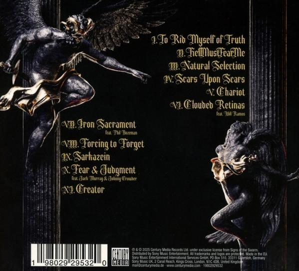 Albumcover mit dunklen Engelsstatuen, Text und Trackliste. Der Hintergrund ist schwarz.