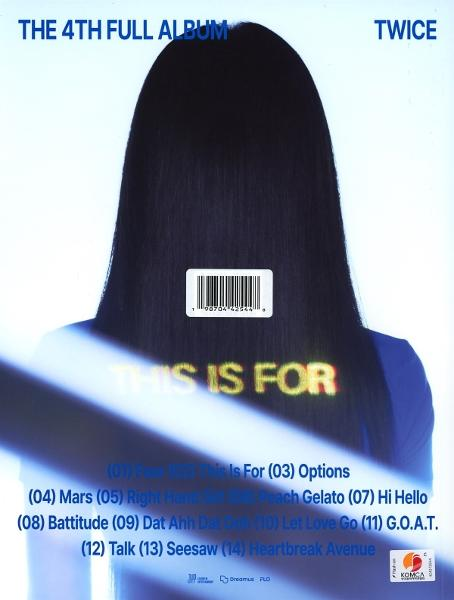 Albumcover mit dem Rücken einer Frau, langen schwarzen Haaren, Text 'THIS IS FOR', Songtiteln und dem Gruppennamen 'TWICE'.