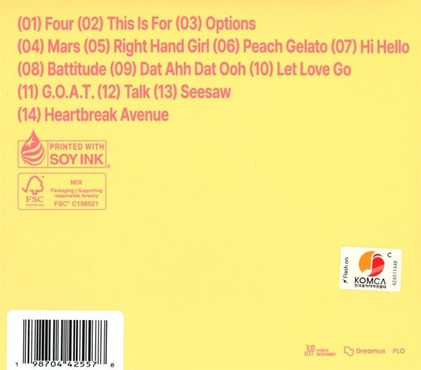 Gelbes Albumcover mit rosa Text, der Songtitel auflistet, ein Sojatintenlogo, FSC-Logo, Barcode und einen KOMCA-Aufkleber.