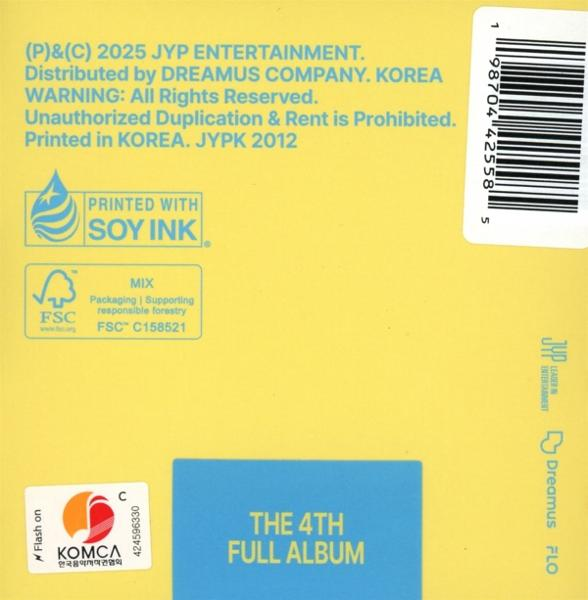 Ein gelbes Albumcover mit Text in Hellblau und Schwarz. Enthält Logos, einen Barcode und den Text "THE 4TH FULL ALBUM."