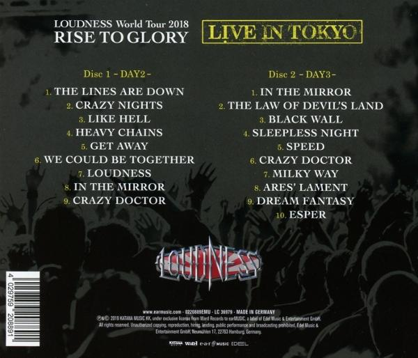 Albumcover mit dem Bandnamen Loudness. Listet Songs der Rise to Glory Tour. Im Hintergrund eine Konzertmenge.