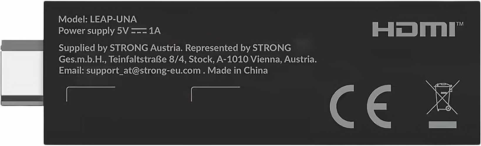 Czarna etykieta urządzenia z białym tekstem. Szczegóły obejmują model, zasilanie, informacje o firmie i logo, takie jak HDMI i CE.