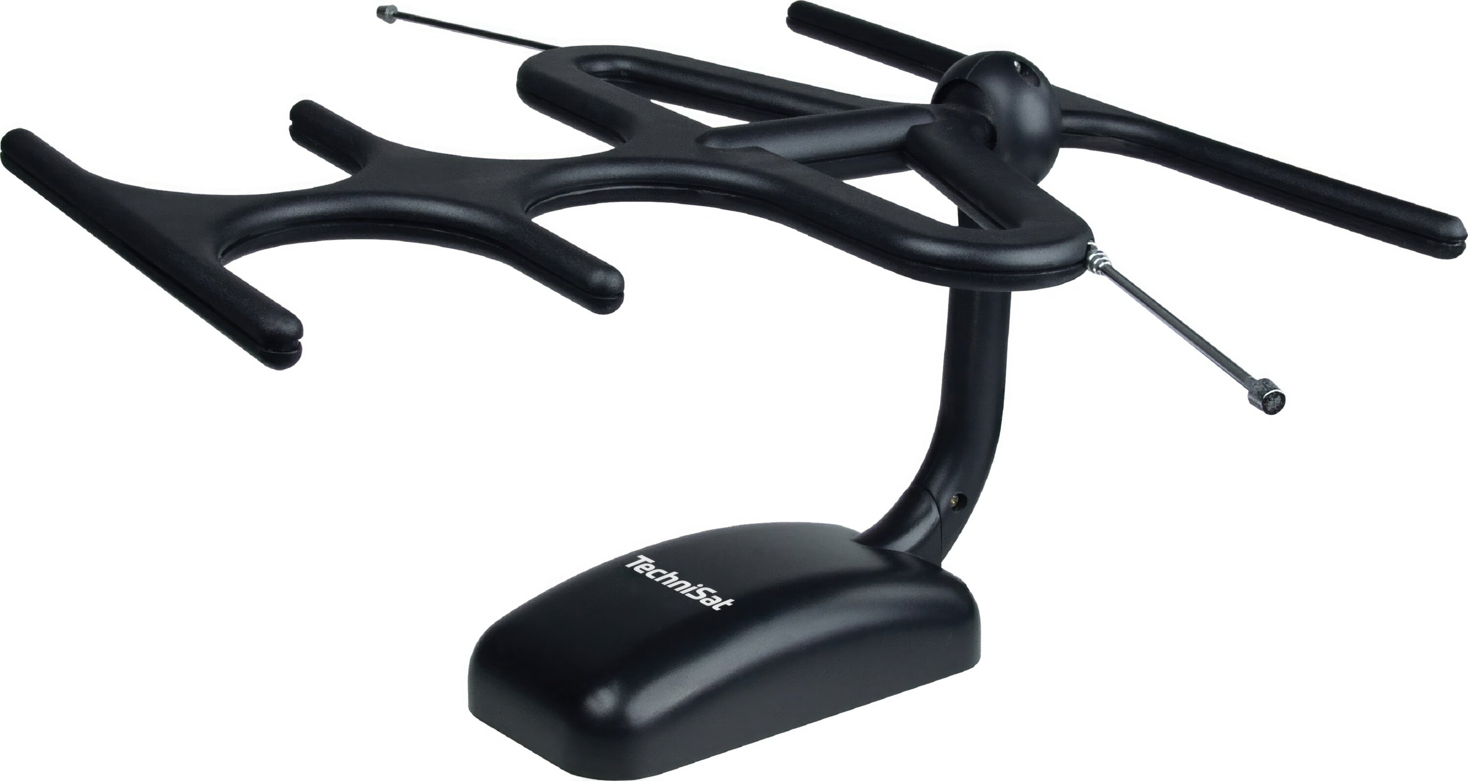 Czarna antena TechniSat. Ma podstawę, zakrzywione podparcie i górną część z ramionami i regulowanymi prętami.