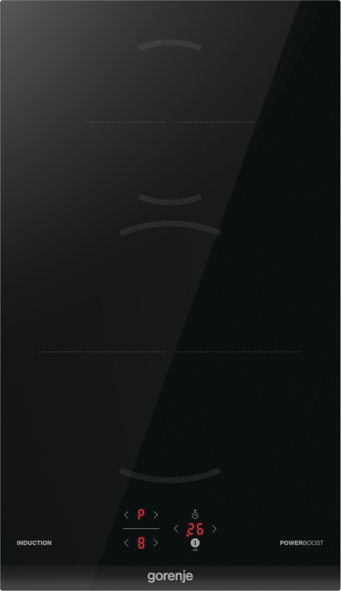 Czarna płyta indukcyjna z podświetlanymi elementami sterującymi i cyfrowym wyświetlaczem '26'. Widoczna marka Gorenje.