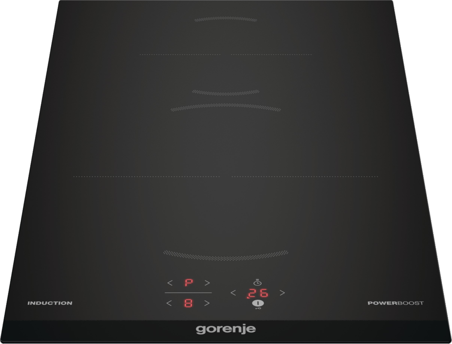 Czarna płyta indukcyjna z cyfrowym wyświetlaczem pokazującym '26' i '8'. Posiada etykiety power boost i indukcja. Marka Gorenje na dole.