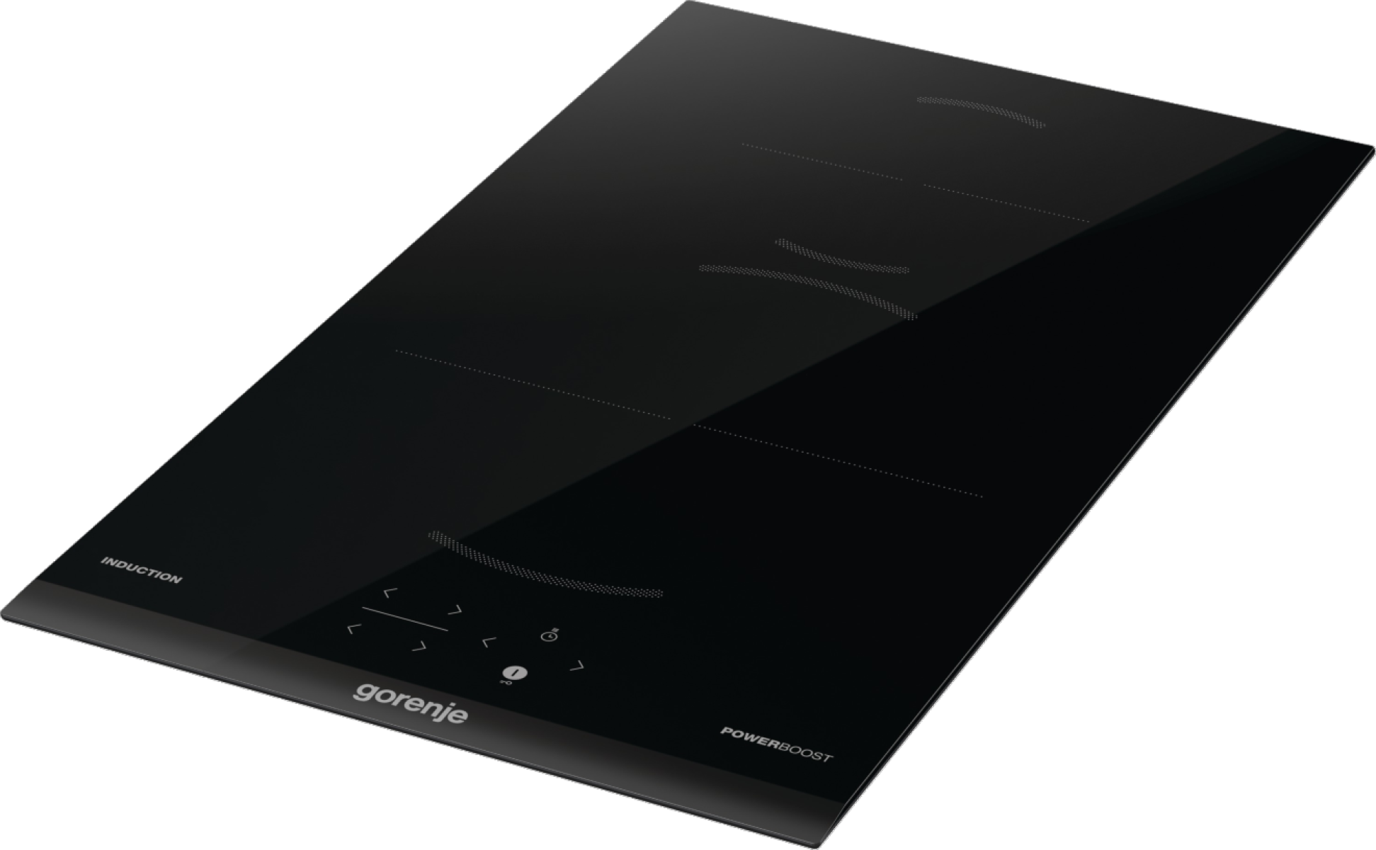 Czarna płyta indukcyjna Gorenje. Posiada cztery strefy gotowania i sterowanie dotykowe. Powierzchnia jest odblaskowa.