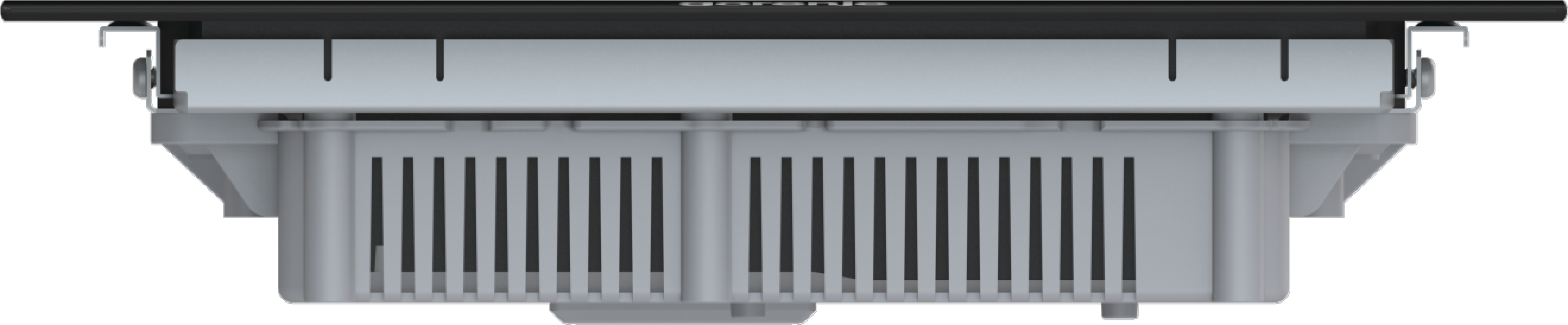 Widok z góry na jasno szarą jednostkę klimatyzacji z czarnymi akcentami. Urządzenie posiada pionowe listwy i logo Gorenje.