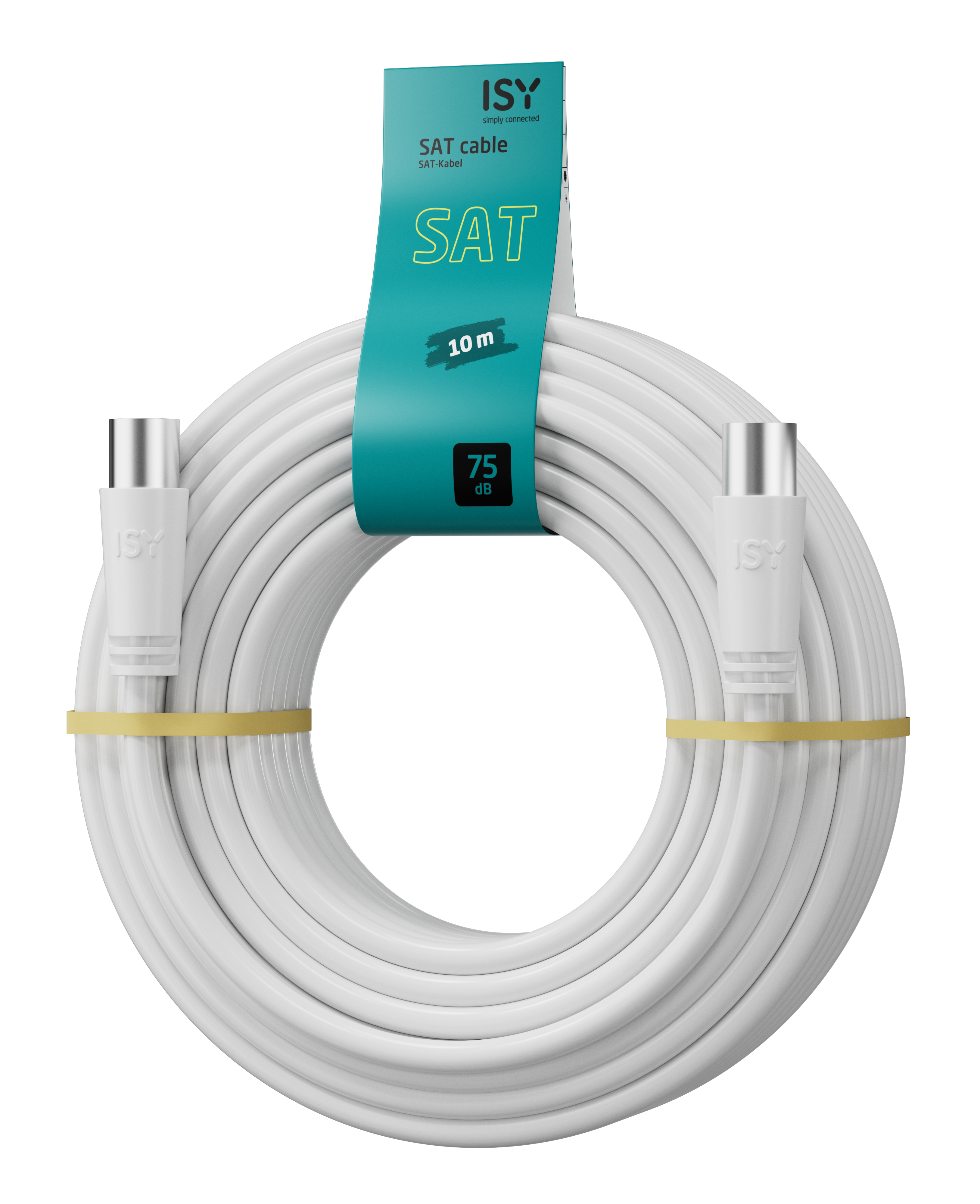 Biały kabel SAT zwinięty na czarnym tle. Kabel jest trzymany przez żółtą opaskę. Turkusowa etykieta.