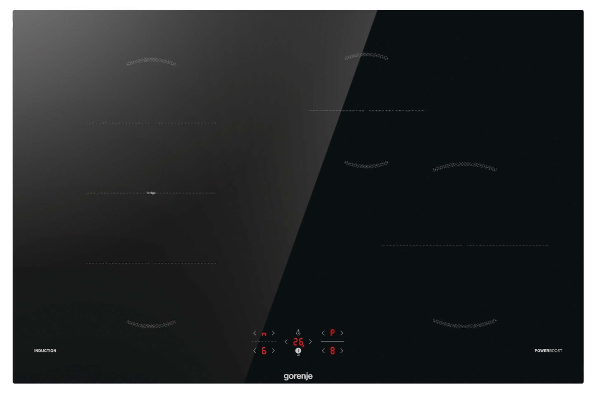 Czarna płyta indukcyjna z dotykowym sterowaniem. Posiada cztery strefy gotowania, funkcję mostka i funkcję boost.