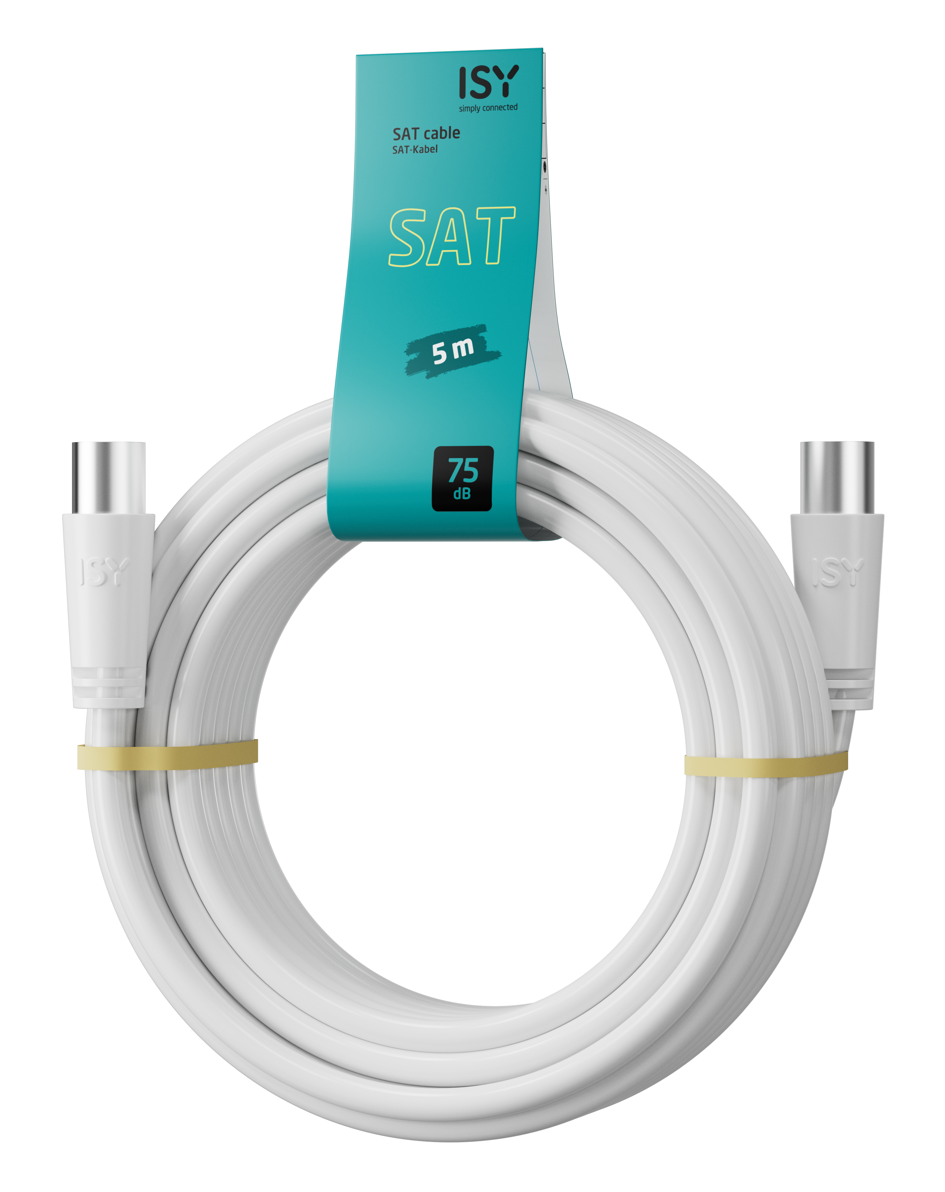 Biały kabel SAT zwinięty, z białymi złączami na każdym końcu. Turkusowa etykieta pokazuje markę i specyfikacje.