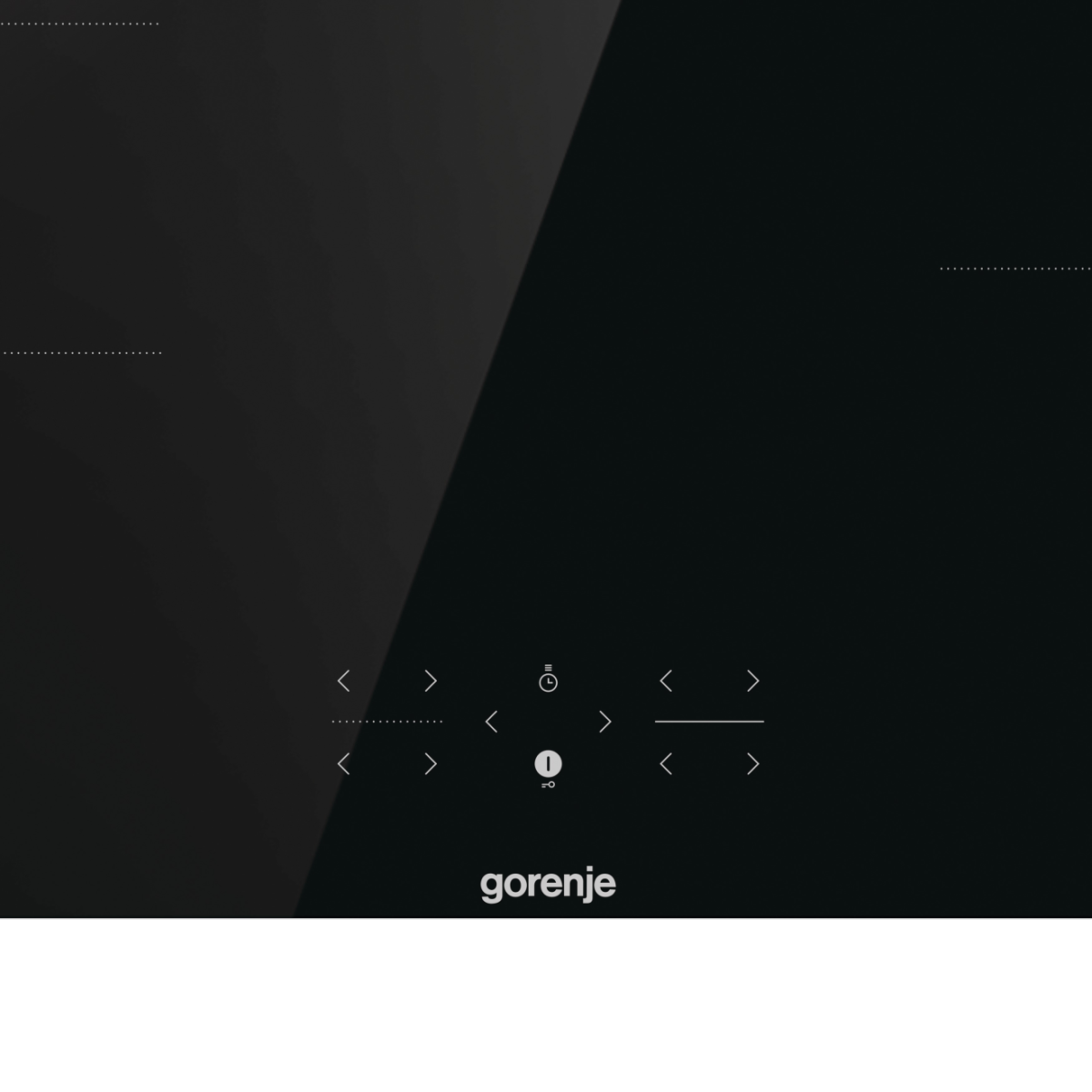 Czarna płyta grzewcza ze szklanym blatem, sterowaniem dotykowym i logo Gorenje. Widoczne strzałki i timery. Powierzchnia odbija światło.